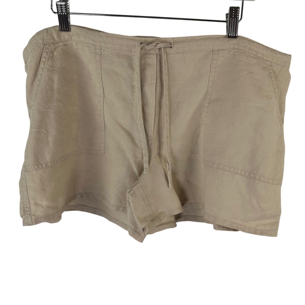 London Jean 100% Linen Drawstring Shorts Tan Beige Pockets Womens Large